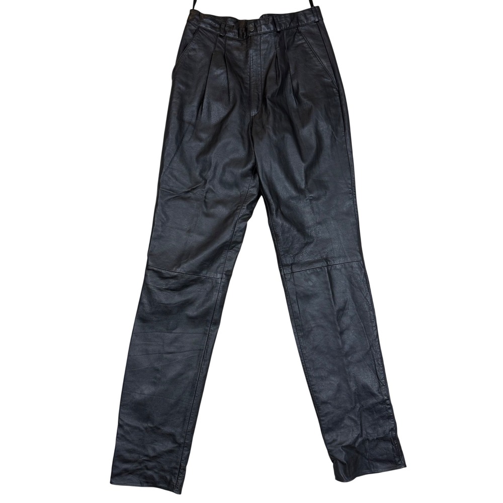 Vintage 90s Leather Trousers 28x35 High Waisted Pleated Pants Black Goth Edgy